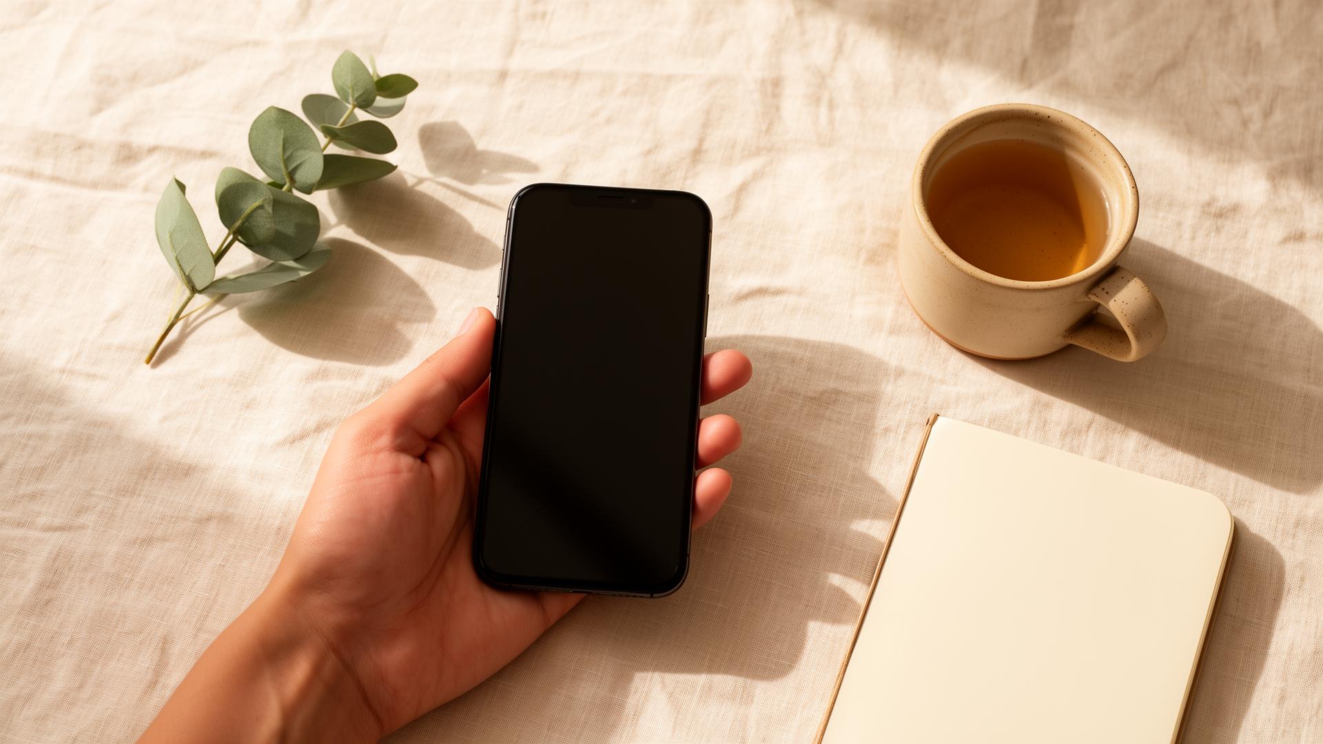 A calm hand holding a phone beside eucalyptus and tea
